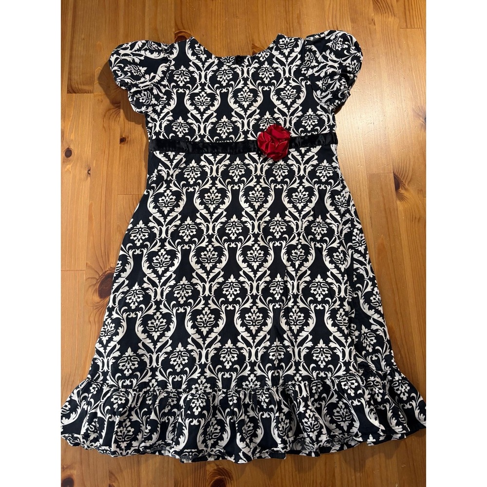 Girls' Hanna Andersson Damask‎ Black/White Red Rose Dress Size 120 (6/7)
